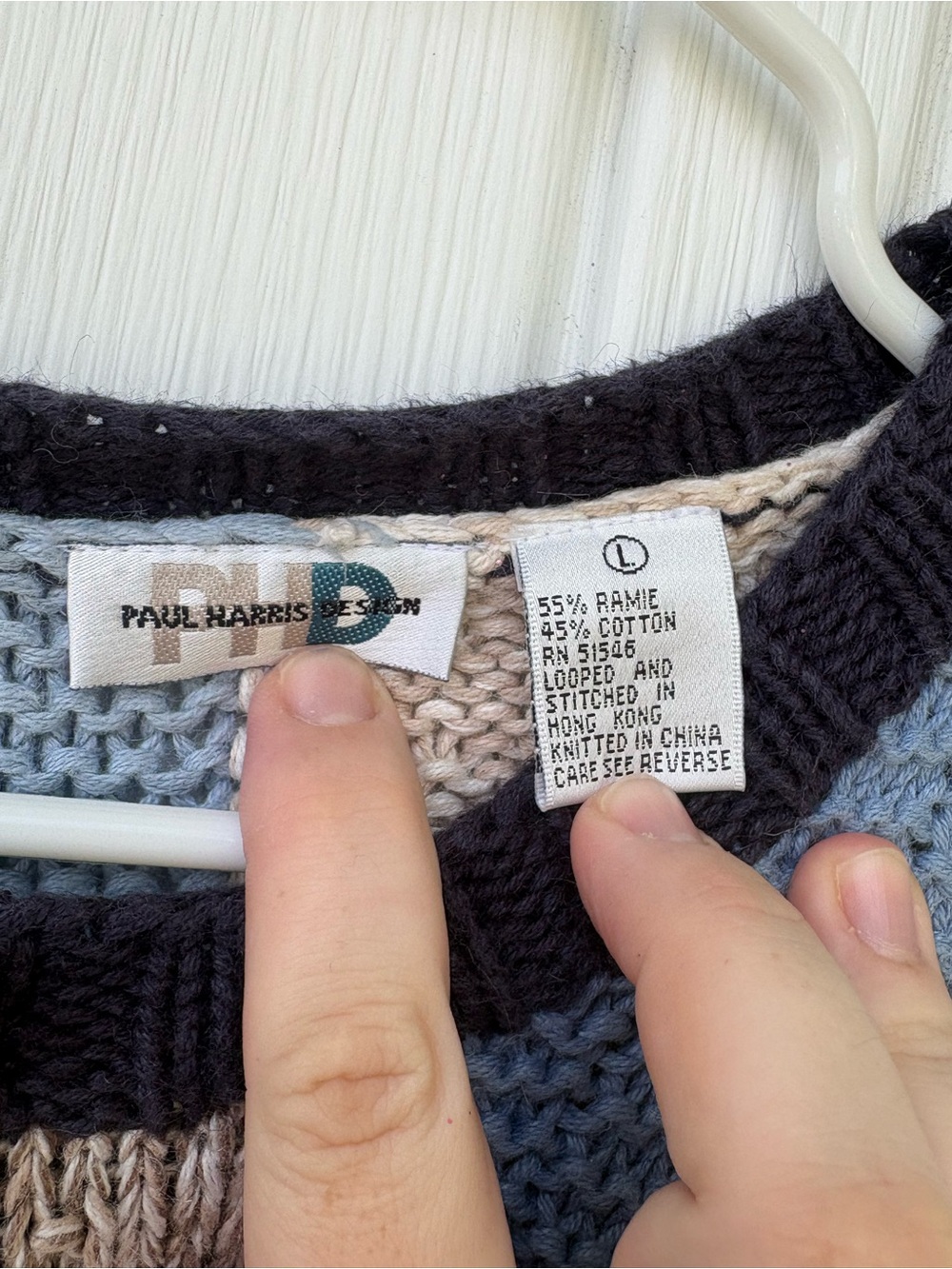 Vintage Chunky Patchwork Knit Colorblock Cardigan Sweater Blue Beige Boho - Picture 8 of 9